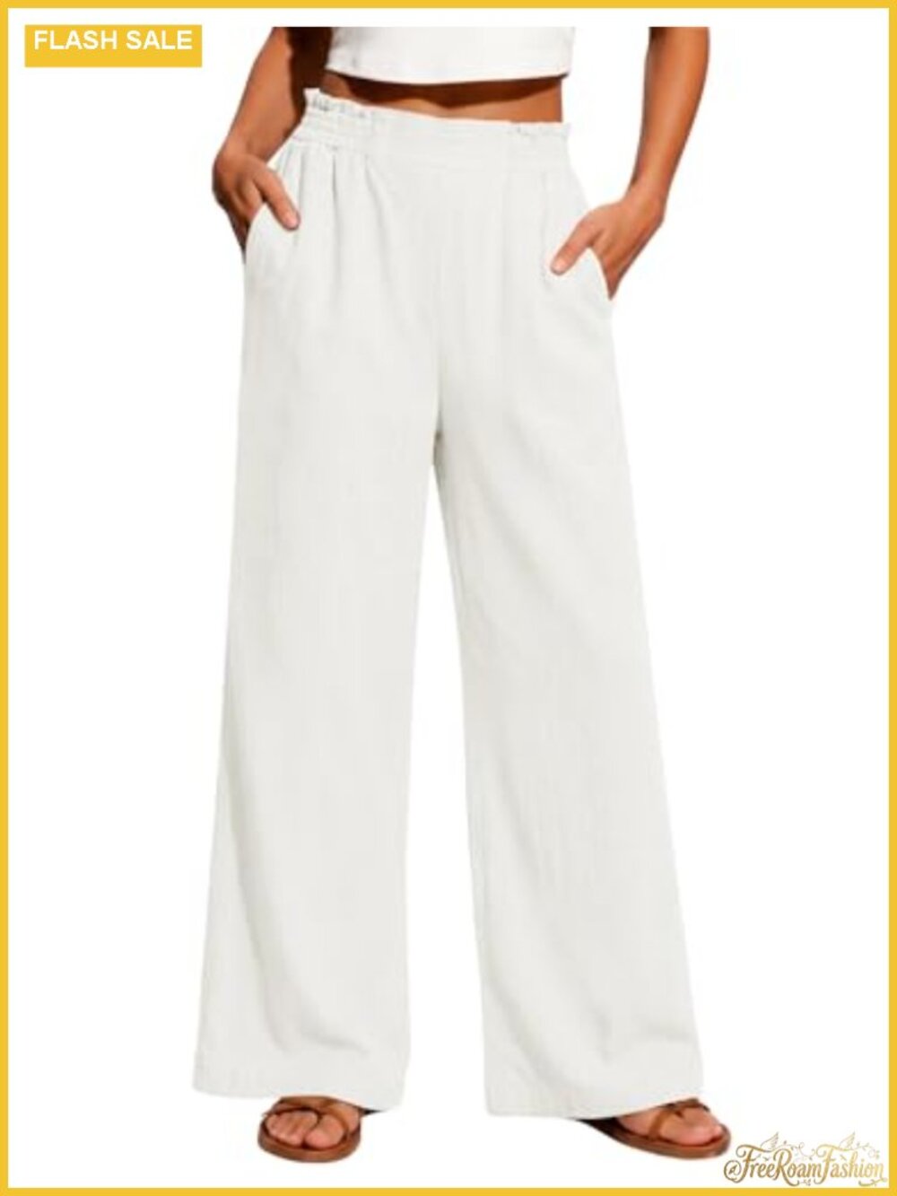 Womens Linen Wide Leg Palazzo Pants Flowy Casual Summer Trousers with Pockets